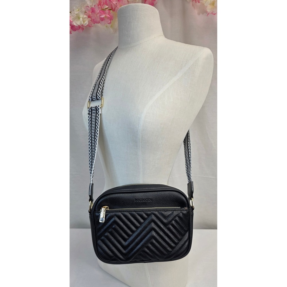 Bostanten Black Leather Quilted Crossbody Camera Bag with Guitar Strap Gold Tone